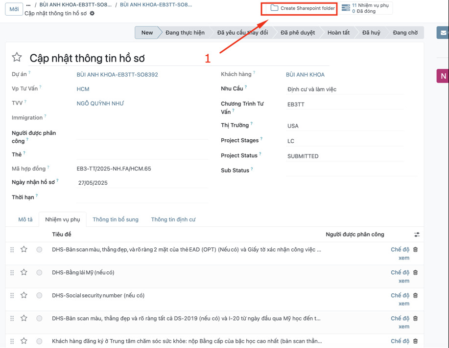 Nút Create Sharepoint folder trên nhiệm vụ
