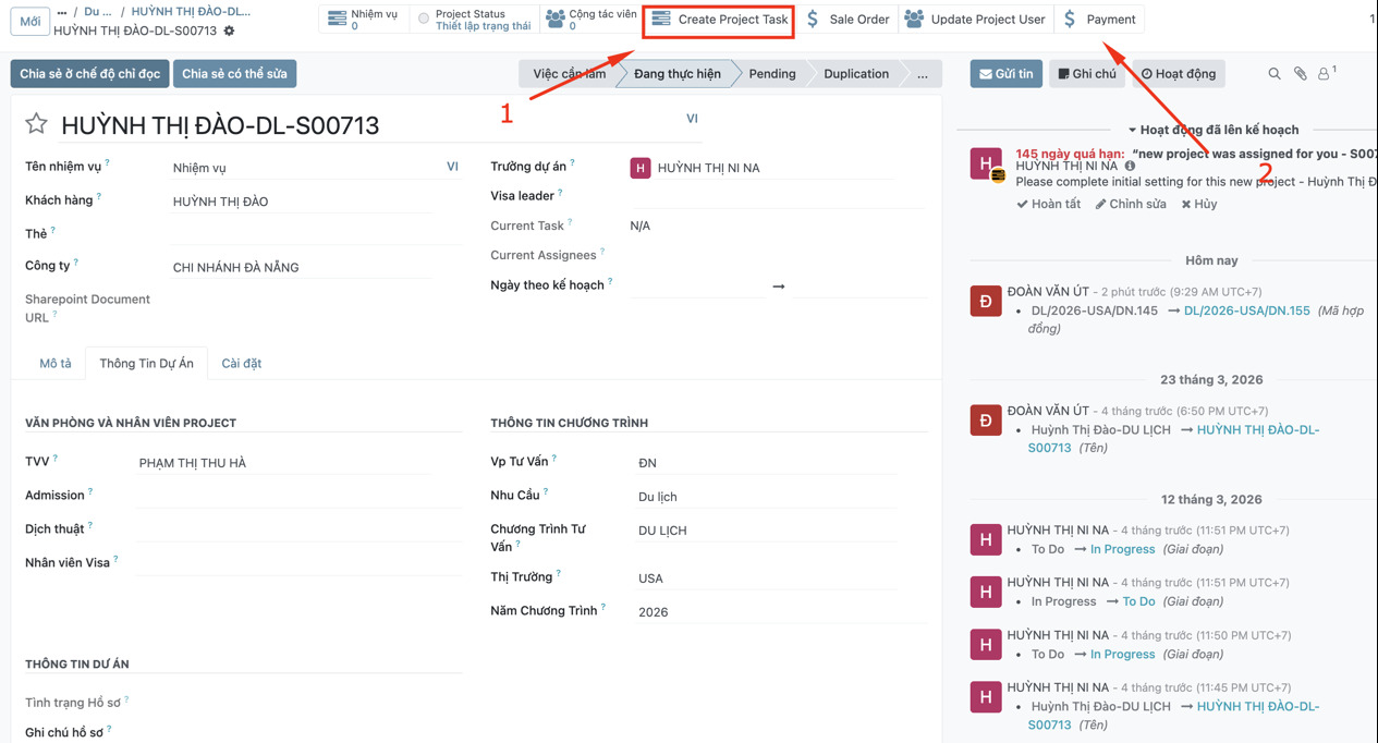 Nút Create Project Task và Payment trên hồ sơ du lịch