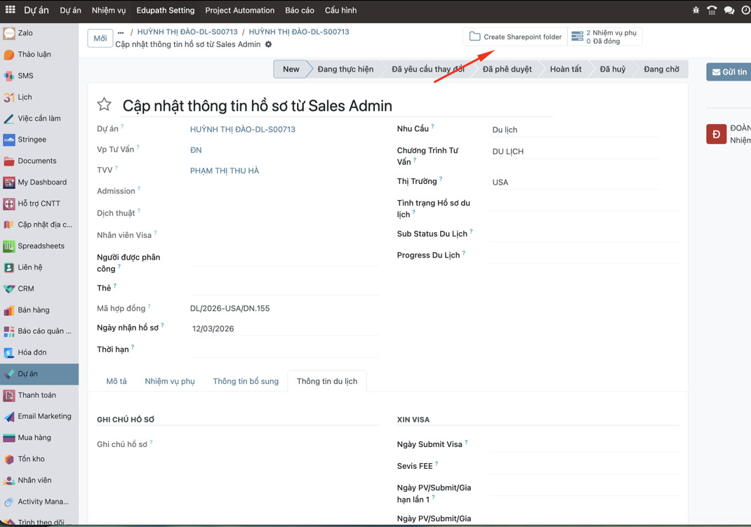 Form nhiệm vụ du lịch và nút Create Sharepoint folder