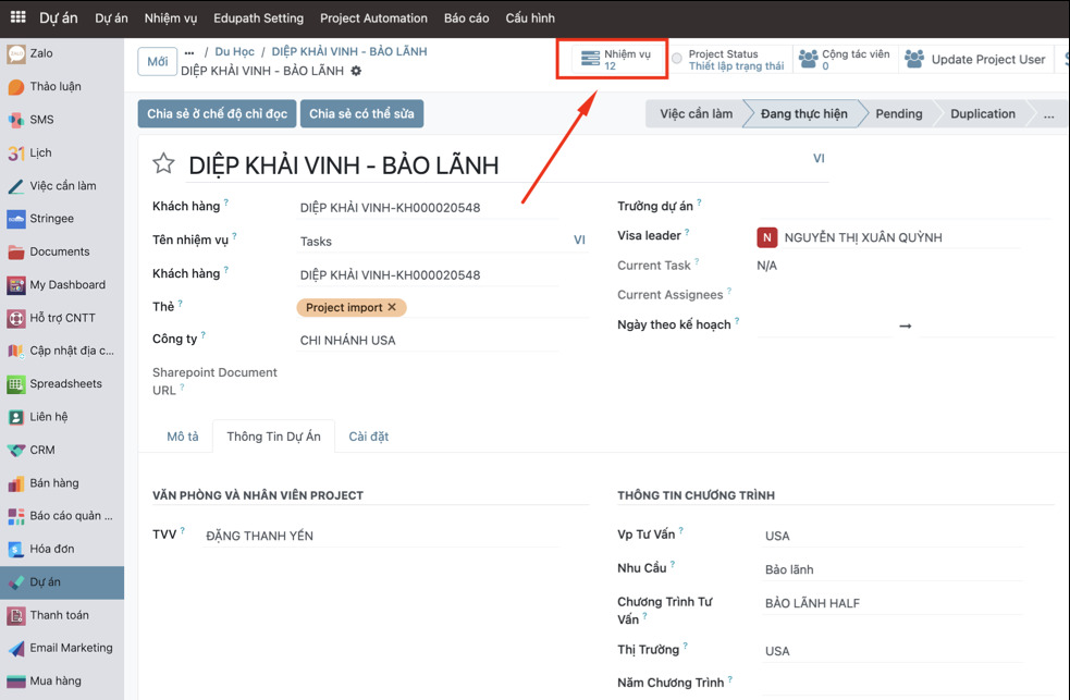 Nút Nhiệm vụ để xem danh sách nhiệm vụ đã tạo