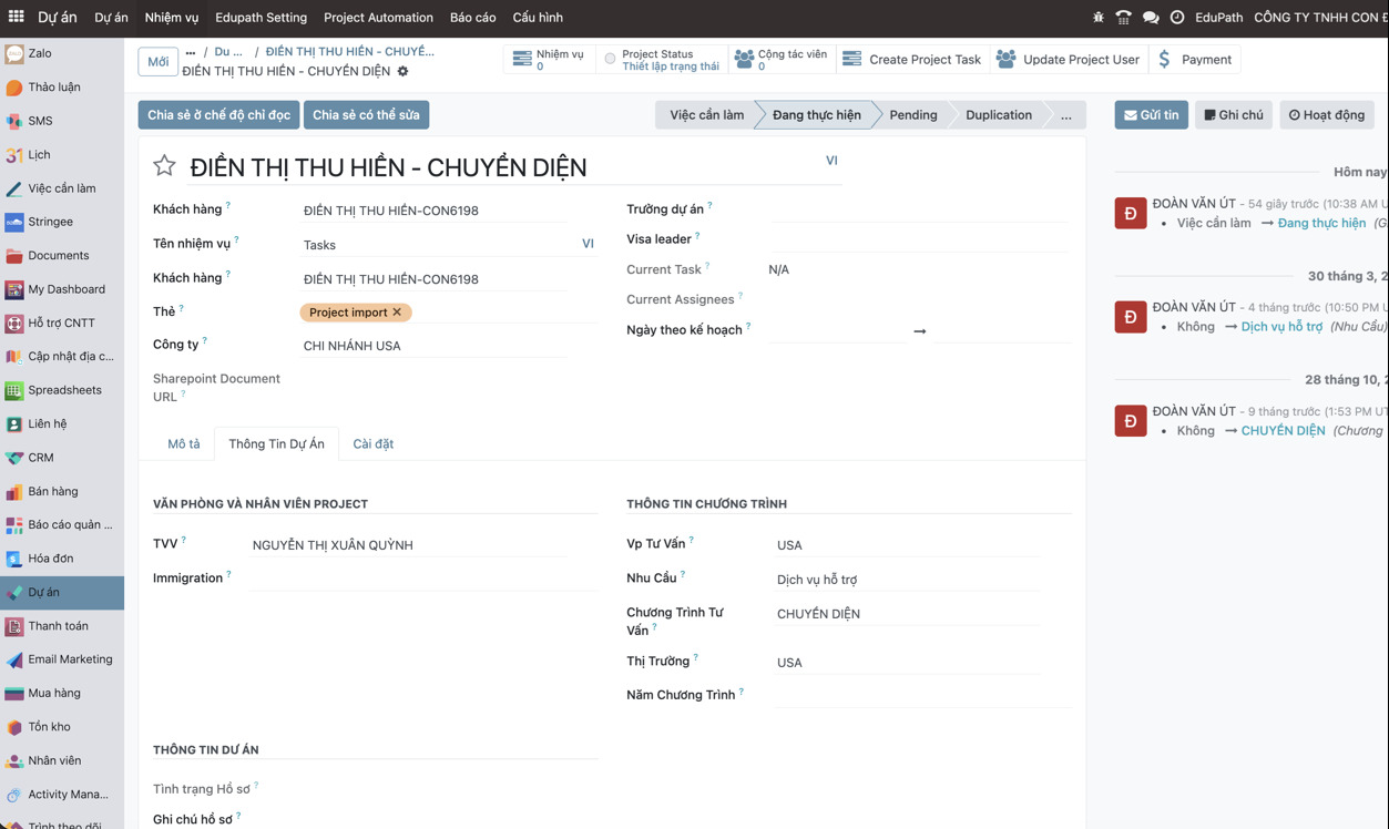 Form hồ sơ chuyển diện — tab Thông Tin Dự Án