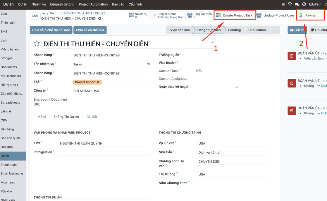 Nút Create Project Task và Payment trên hồ sơ chuyển diện
