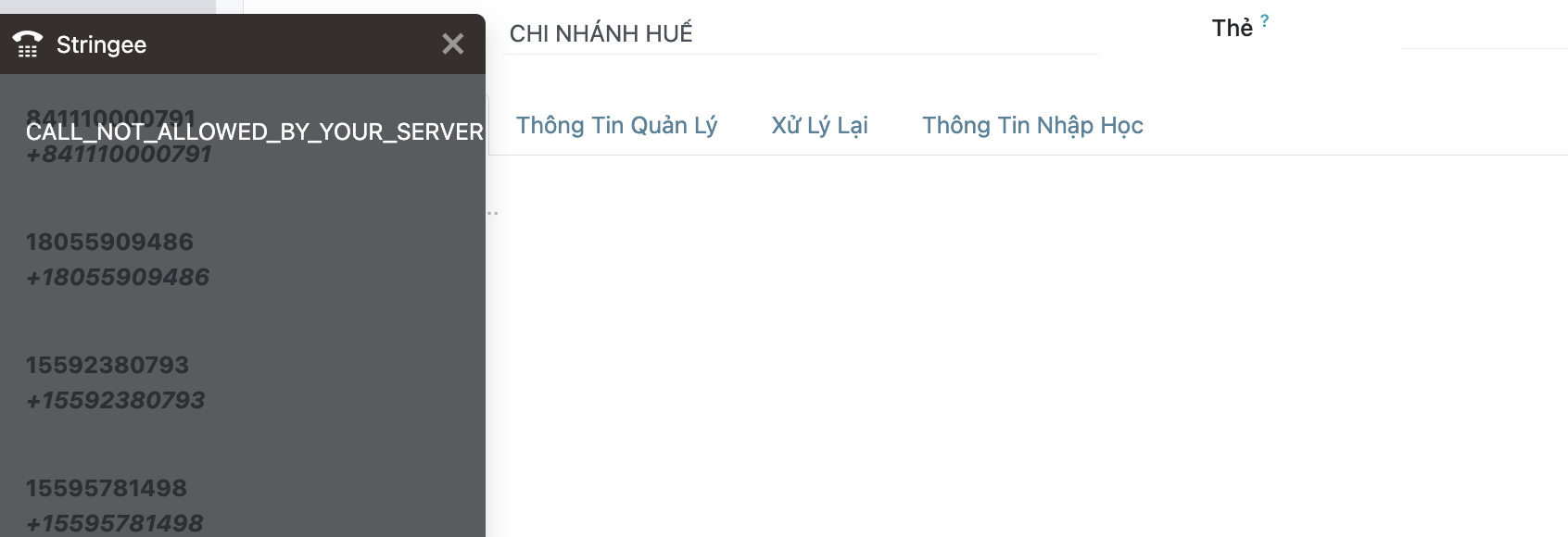 Thông báo lỗi CALL_NOT_ALLOWED_BY_YOUR_SERVER hiển thị trên khung gọi điện Stringee