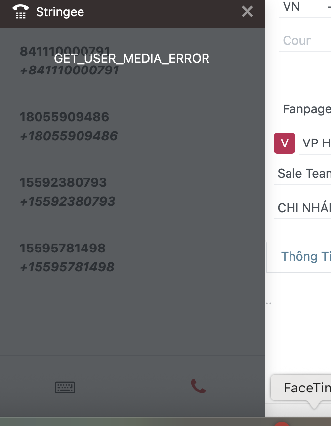 Thông báo lỗi GET_USER_MEDIA_ERROR trên khung gọi Stringee