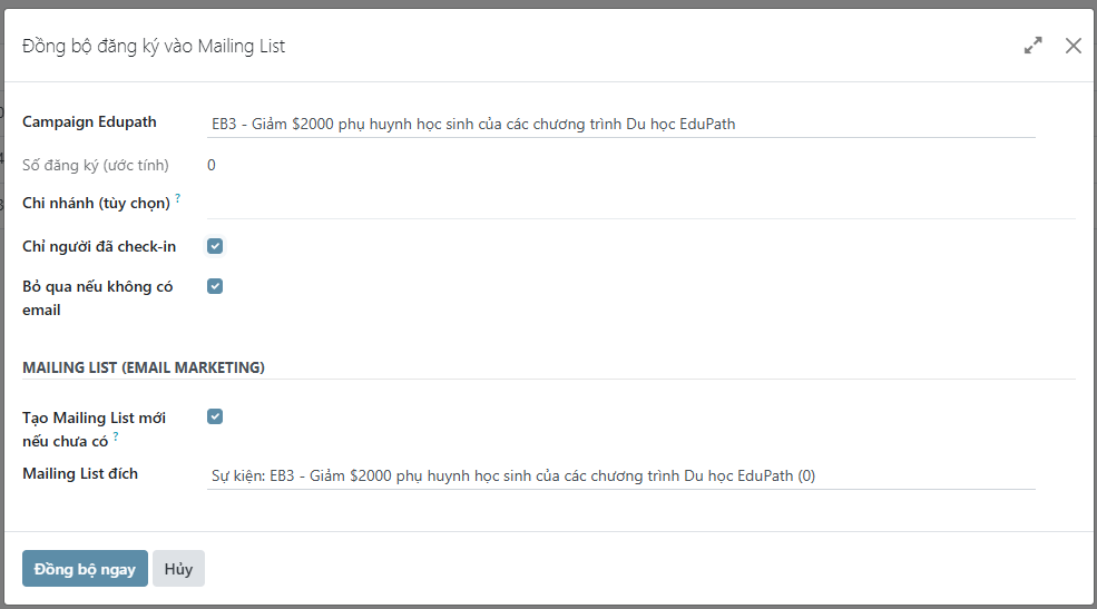 Hộp thoại Đồng bộ đăng ký vào Mailing List