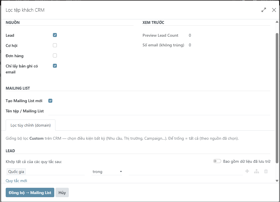 Hộp thoại Lọc tệp khách CRM bằng bộ lọc domain
