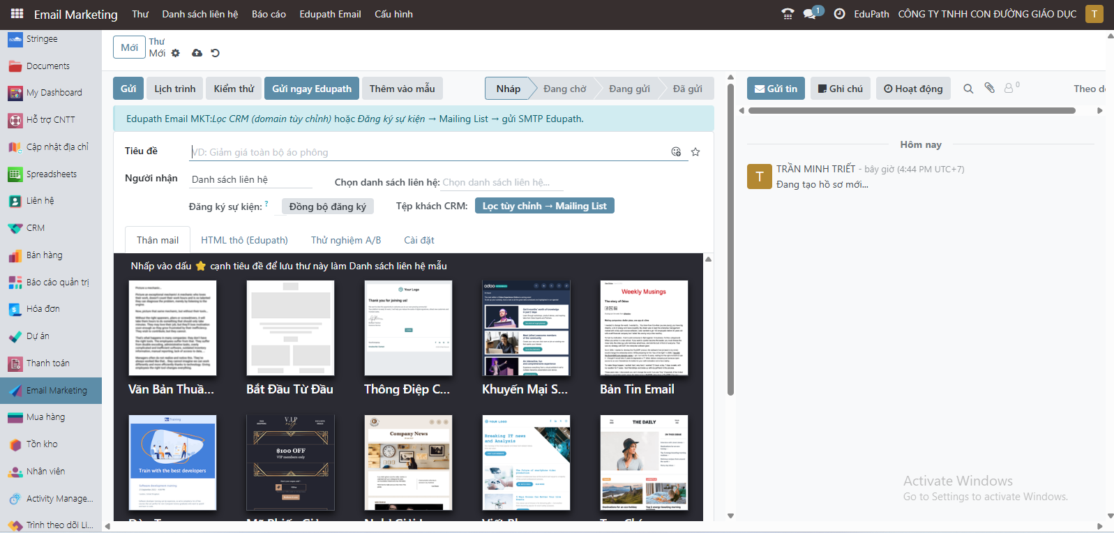 Form soạn Thư Email Marketing — tiêu đề, người nhận, tab Thân mail / HTML thô và thư viện mẫu